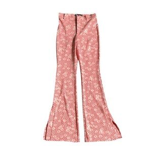 Zara Pastel Red/Coral and Cream Checkered Floral Flare Pants size small